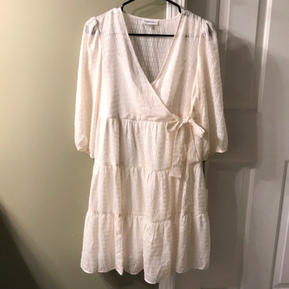 Calvin Klein Dresses & Skirts - NWT Calvin Klein Women’s Cream and Metallic Gold Faux Wrap Tiered Dress